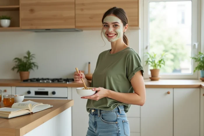 Jeune femme préparant un masque visage naturel fait maison dans une cuisine minimaliste lumineuse