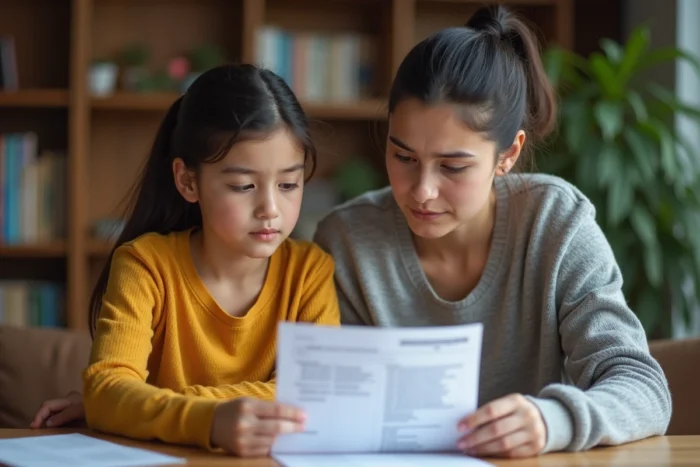 Mère et enfant consultant les résultats d'une prise de sang montrant un taux d'ASAT élevé