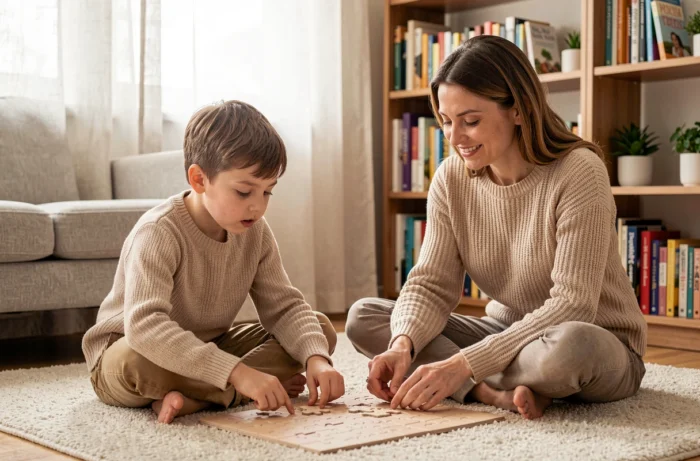 Mère et fils jouant ensemble à un puzzle sur le sol du salon, moment de complicité familiale et de partage au quotidien