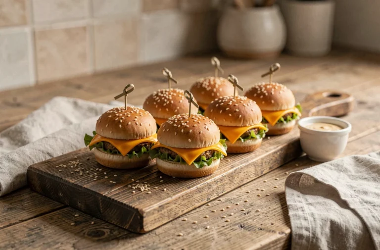 Planche rustique de mini burgers apéritifs garnis de cheddar fondu et laitue fraîche, présentés avec une sauce sur un comptoir en bois