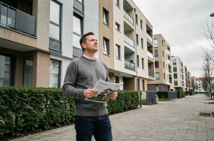 Un particulier évalue un immeuble résidentiel géré par une société de logement, tenant une documentation informative à la main