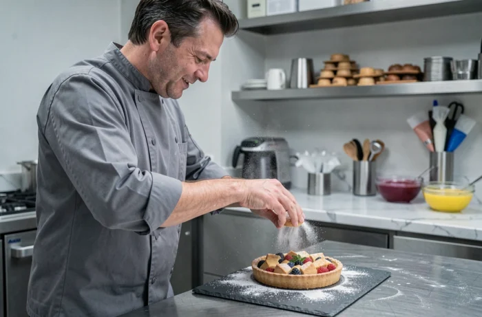 Pâtissier saupoudrant du sucre glace sur une tarte artisanale dans la cuisine créative de La Cigale et la Fourchette
