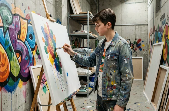 Adolescent peignant une grande toile dans un espace d'art urbain aux murs ornés de fresques colorées