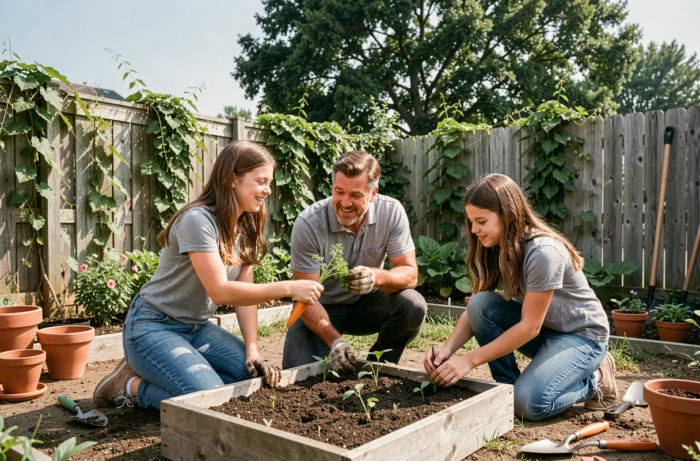 Père et ses deux filles adolescentes jardinent ensemble dans un potager familial, activité de plein air renforçant les liens entre parents et enfants