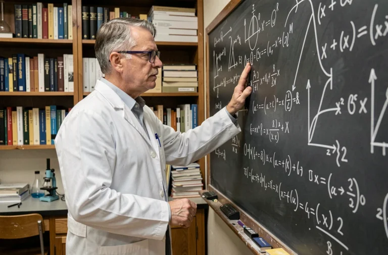 Physicien devant un tableau noir couvert d'équations quantiques dans un laboratoire universitaire