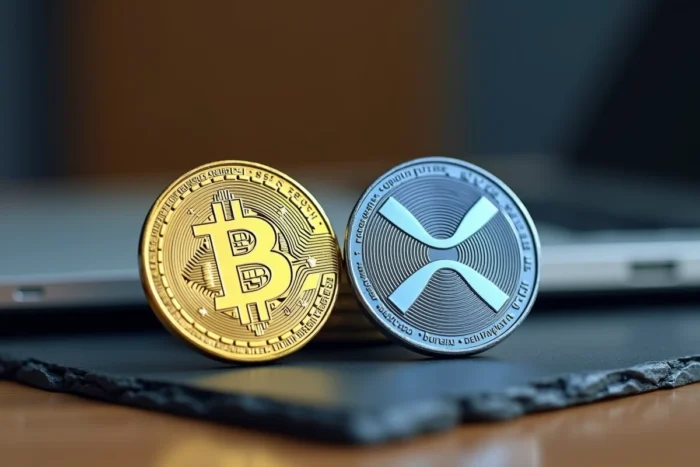 Pièces physiques de Bitcoin et Ripple XRP côte à côte sur une surface en ardoise sombre, comparaison des deux cryptomonnaies