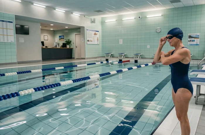 Femme en maillot de bain au bord du bassin intérieur de la piscine de Coxyde, avec les couloirs de nage et le tableau des horaires en arrière-plan