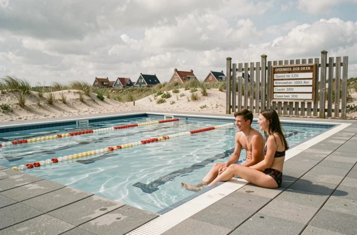Deux adolescents assis au bord de la piscine extérieure de Coxyde avec le panneau des horaires d'ouverture visible à l'entrée