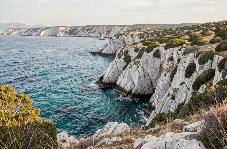 Vue panoramique de la plage sauvage des Trois Pointes à Bonifacio avec ses falaises calcaires blanches et ses eaux turquoise en Corse