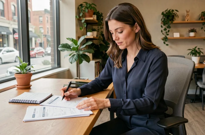Femme en tenue professionnelle consultant un calendrier et des documents RH sur son bureau pour planifier ses congés payés