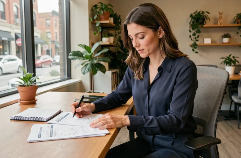 Femme en tenue professionnelle consultant un calendrier et des documents RH sur son bureau pour planifier ses congés payés