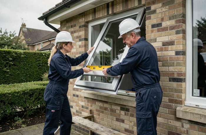 Deux installateurs posant un cadre de fenêtre en aluminium dans une maison individuelle avec mise à niveau au niveau à bulle
