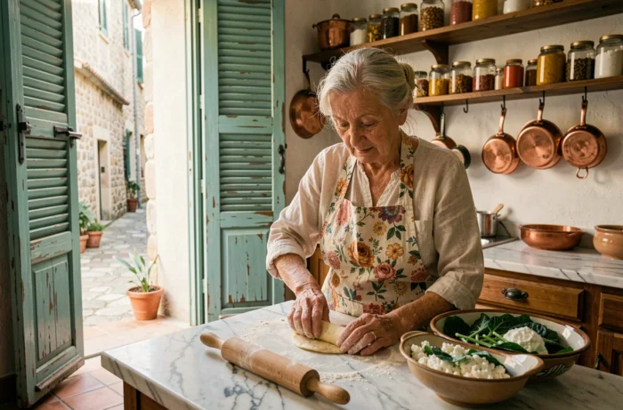 Femme âgée monégasque préparant des barbagiuan traditionnels dans une cuisine authentique du vieux Monaco