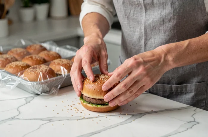 Mains féminines en tablier préparant des mini burgers apéritifs à l'avance sur un plan de travail en marbre blanc