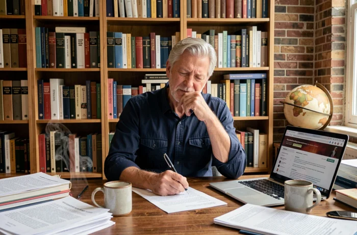 Professeur de philosophie corrigeant des dissertations sur le bonheur dans son bureau à domicile