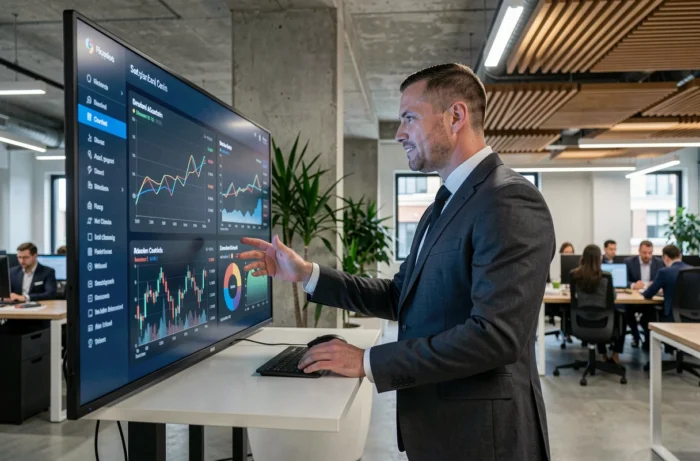 Professionnel de la finance utilisant un tableau de bord numérique interactif pour optimiser la gestion de patrimoine