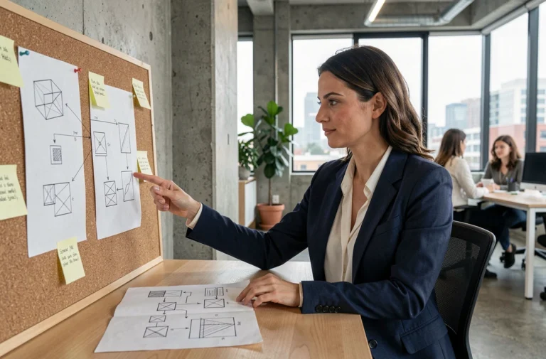 Une professionnelle en agence web analyse des wireframes et des notes de conception pour la refonte d'un site internet en 2024