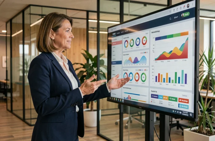 Professionnelle du marketing B2B présentant des tableaux de bord analytiques sur grand écran dans un bureau moderne