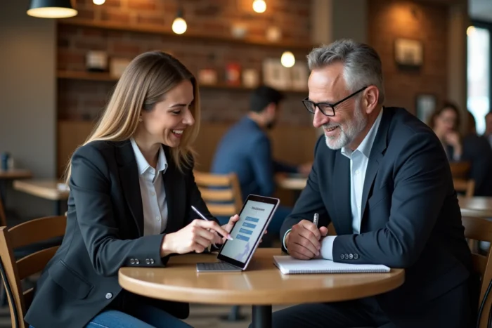 Deux professionnels adultes consultant ensemble une plateforme d'emploi sur une tablette dans un café pour booster leur carrière