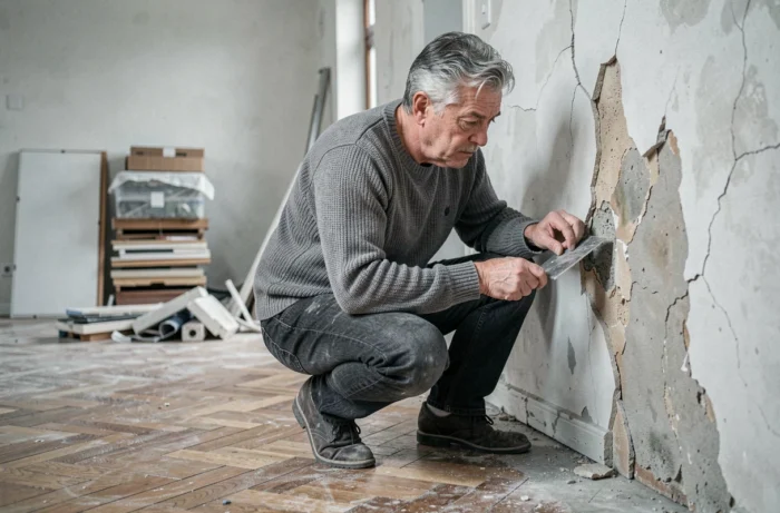 Propriétaire inspectant des dégâts des eaux sur un mur fissuré dans un appartement en rénovation