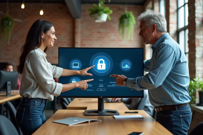 Deux collègues analysant un tableau de bord de protection des données personnelles et contrats dans un espace de coworking