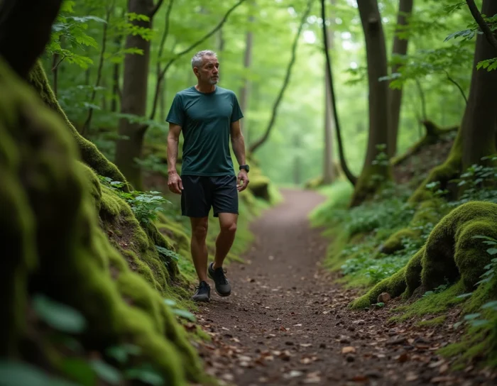 Homme en randonnée sur un sentier forestier entouré de feuillage vert dense lors d'une escapade nature