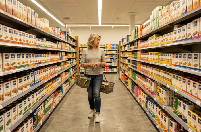 Cliente dans le rayon d'un magasin Aldi en France, avec des produits à marque propre bien rangés sur les étagères
