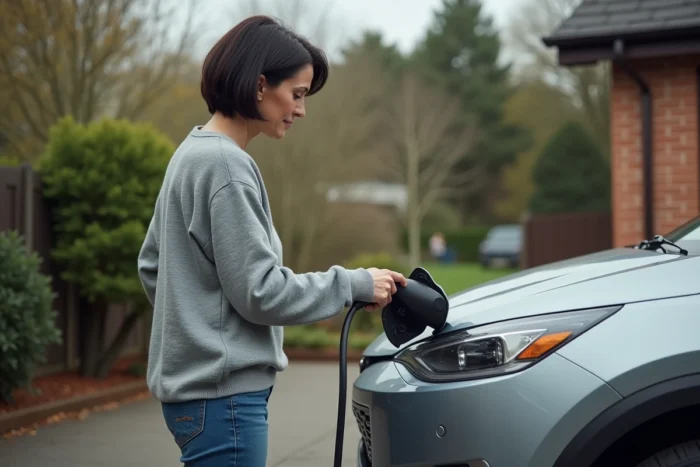 Femme branchant le câble de recharge d'une voiture hybride rechargeable dans une allée résidentielle