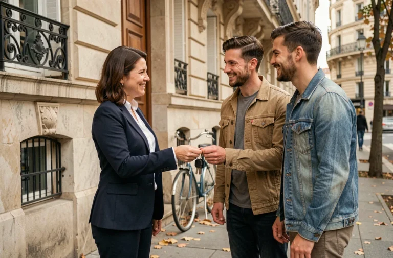 Agent immobilier remettant les clés d'un appartement haussmannien à un couple souriant devant un immeuble parisien en pierre