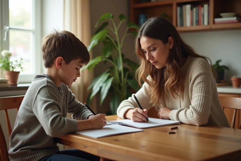 Mère aidant son enfant lors d'une session d'apprentissage à domicile à la table de cuisine