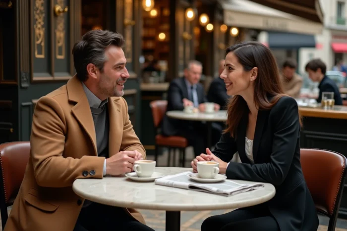 Deux professionnels en conversation business animée dans un café parisien classique autour d'un espresso