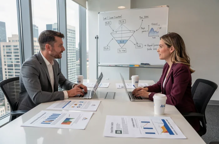 Deux professionnels discutant de stratégie marketing B2B autour d'une table de réunion avec des rapports imprimés