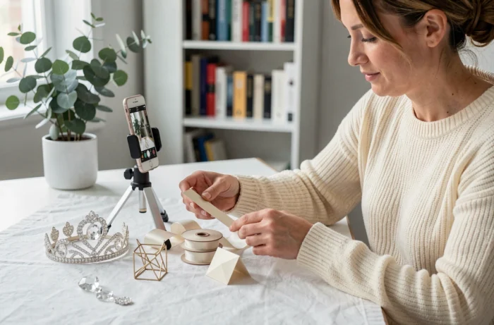 Femme photographiant des accessoires de mariage d'occasion pour les revendre en ligne et réduire le budget mariage