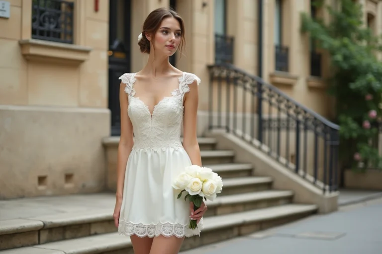Jeune femme en robe de mariée courte en dentelle ivoire posant sur des marches en pierre à Paris, bouquet de pivoines blanches à la main, style chic et élégant