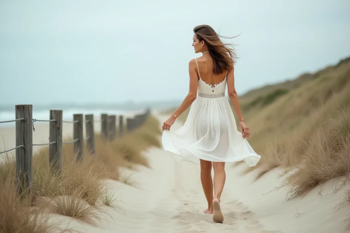 Femme en robe de mariée courte en mousseline de soie marchant pieds nus sur un chemin côtier en bord de mer, robe fluide au genou, ambiance romantique et naturelle