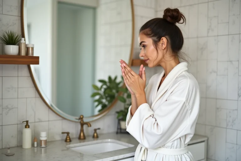 Femme appliquant une crème hydratante devant un miroir dans une salle de bain élégante en marbre blanc