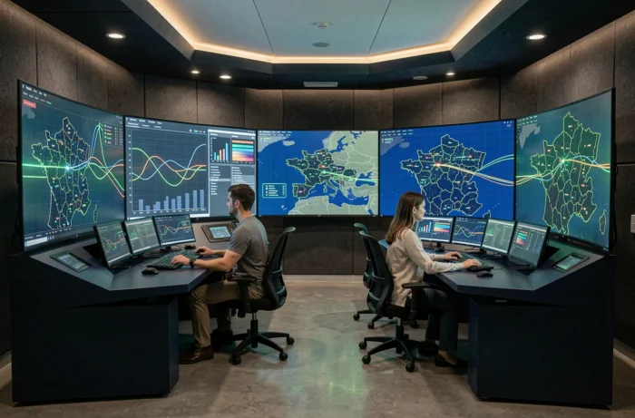Opérateurs surveillant le réseau électrique national français depuis une salle de contrôle intelligente, illustration des innovations numériques dans le secteur de l'énergie en France