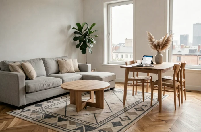 Salon réaménagé selon les techniques de home staging avec mobilier neutre et cours en ligne Decoscope visible