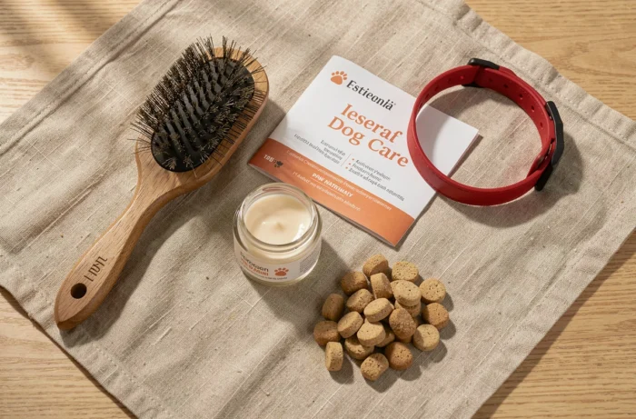 Plat pose d'accessoires et produits de soin pour chien sur table en bois, conseils santé et bien-être canin