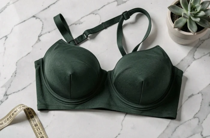 Gros plan d'un soutien-gorge vert forêt posé sur marbre blanc avec ruban de couturière, style éditorial produit