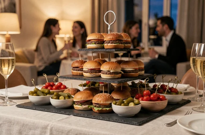 Table apéritif festive avec mini burgers sur présentoir en ardoise, cornichons et tomates cerises lors d'une soirée entre amis
