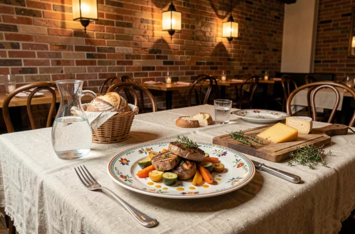 Table dressée avec un plat gastronomique français dans le cadre chaleureux du restaurant La Cigale et la Fourchette