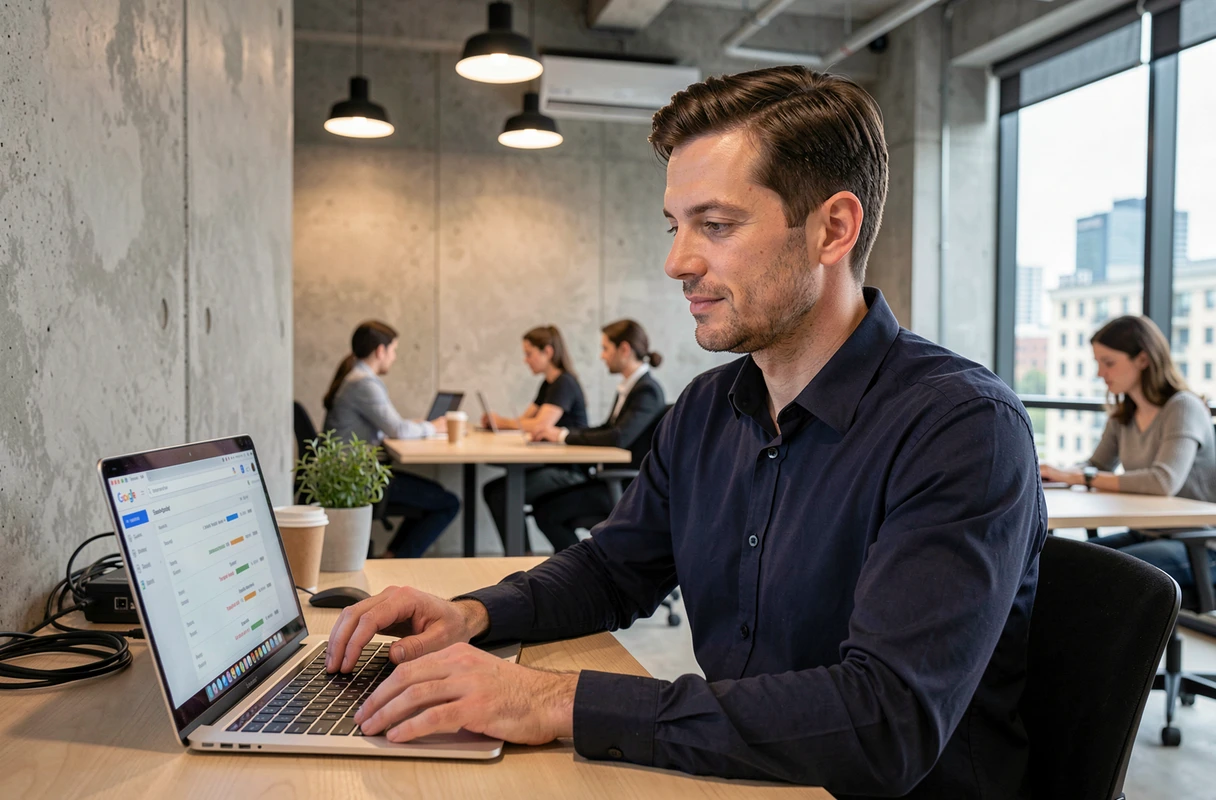 Homme consultant un tableau de bord de mots clés Google dans un espace de coworking professionnel