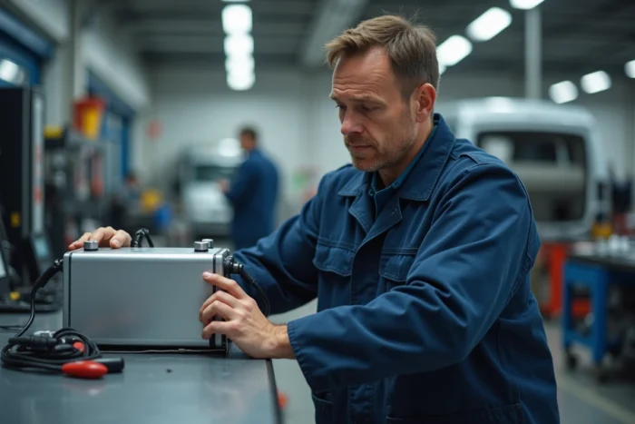 Technicien automobile inspectant une batterie hybride rechargeable dans un garage professionnel