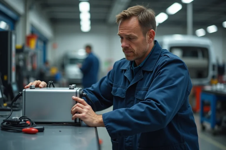 Technicien automobile inspectant une batterie hybride rechargeable dans un garage professionnel