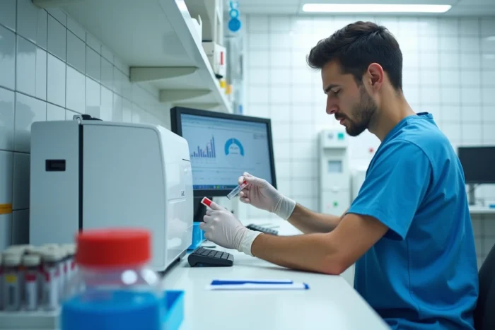 Technicien de laboratoire analysant un échantillon sanguin pour mesurer les enzymes hépatiques ASAT et ALAT
