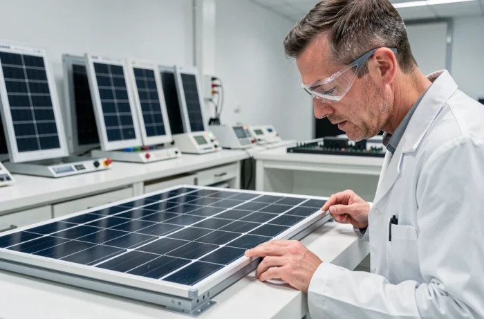 Technicien analysant un panneau solaire photovoltaïque dans un laboratoire de recherche en énergie solaire en France