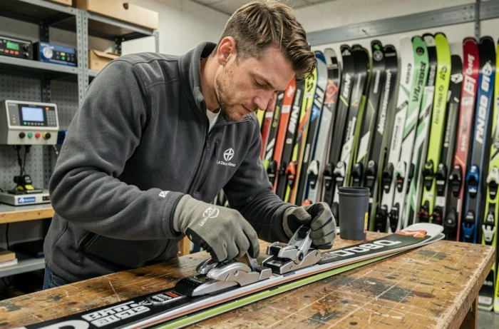 Technicien réglant des fixations de ski dans un atelier de location aux Deux Alpes