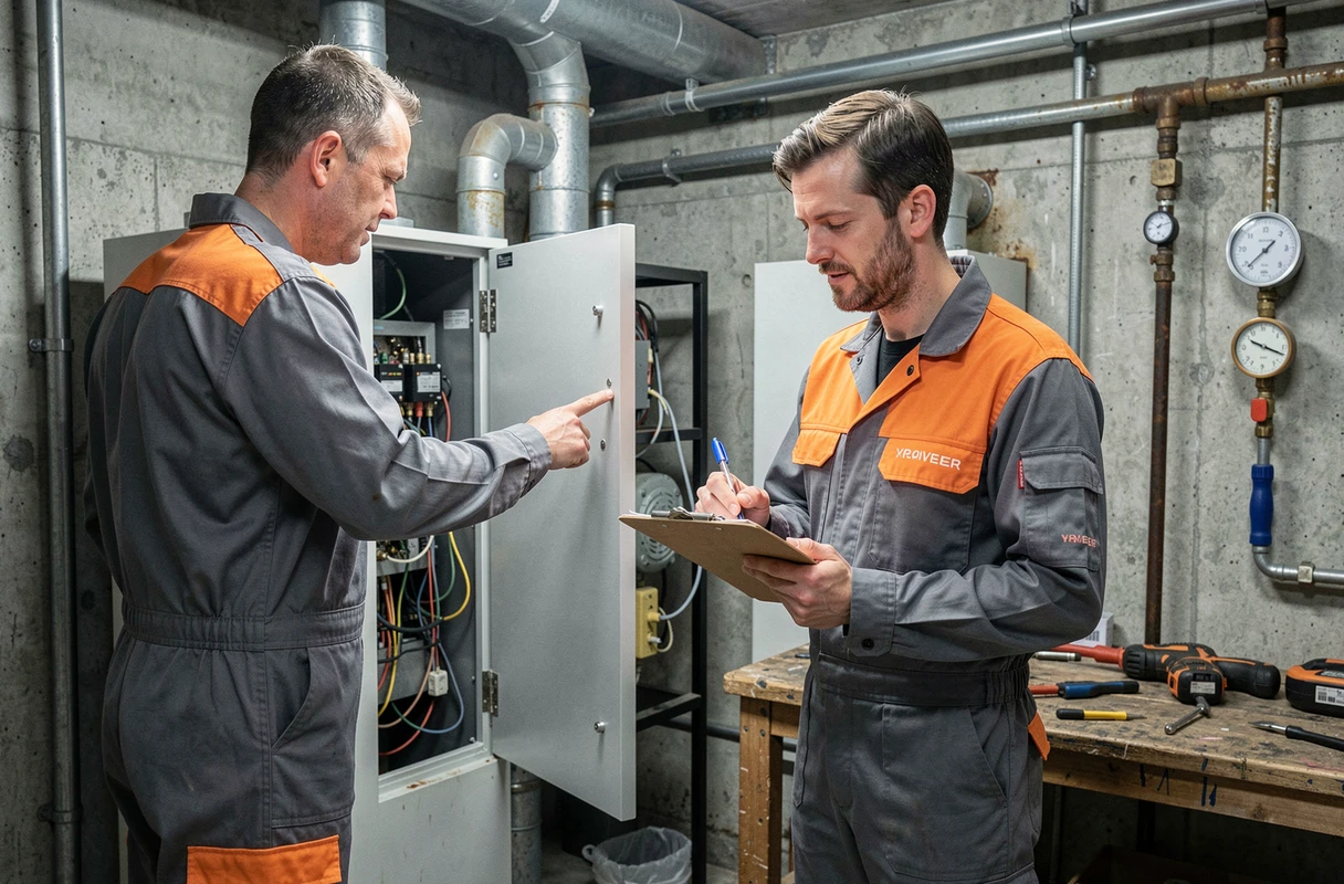 Deux techniciens inspectant une chaudière dans la chaufferie d'un immeuble résidentiel à Bruxelles