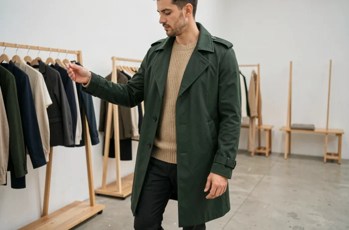 Homme stylé en trench-coat vert forêt et pull en maille épaisse dans une boutique de mode minimaliste contemporaine, tendances automne-hiver